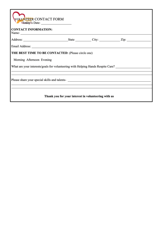 Volunteer Contact Form Printable pdf
