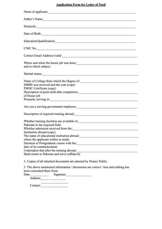 Fillable Application Form For Letter Of Need Printable pdf