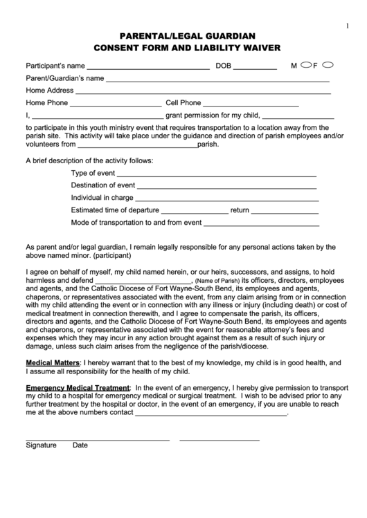 Parental/legal Guardian Consent Form And Liability Waiver printable pdf