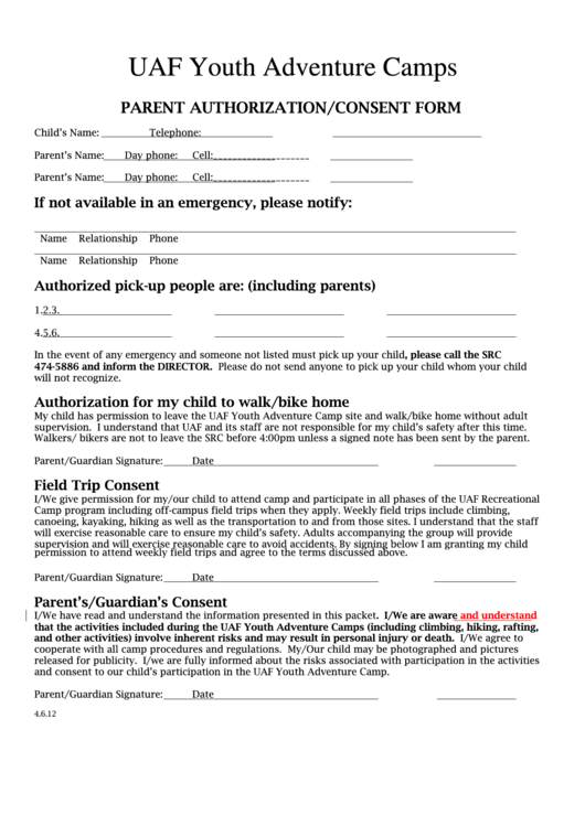 Fillable Parent Authorization/consent Form Printable pdf