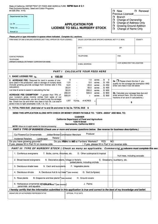 Fillable 64-029 - Application For License To Sell Nursery Stock - State Of California, Department Of Food And Agriculture Printable pdf