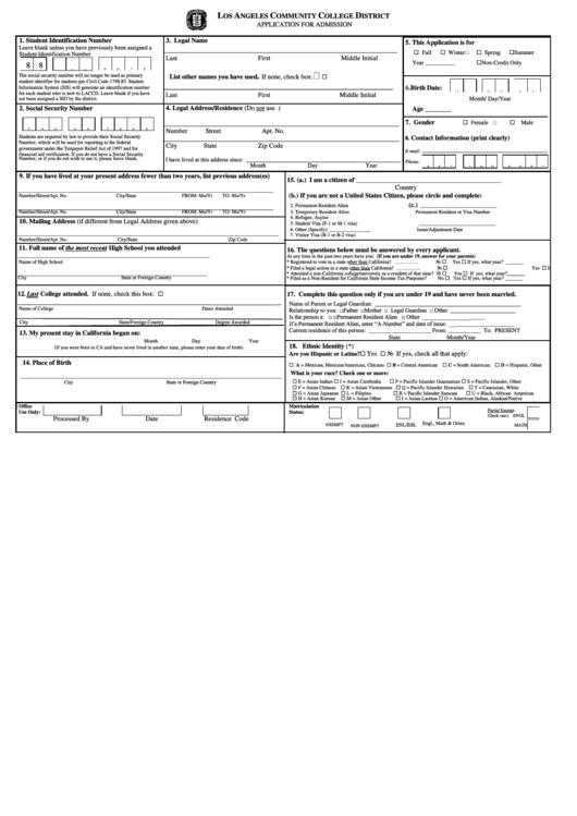 Application For Admission - Los Angeles Community College District Printable pdf