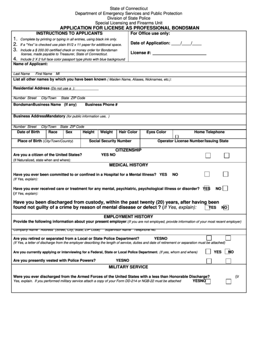 Application For License As Professional Bondsman - State Of Connecticut Department Of Emergency Services And Public Protection Printable pdf