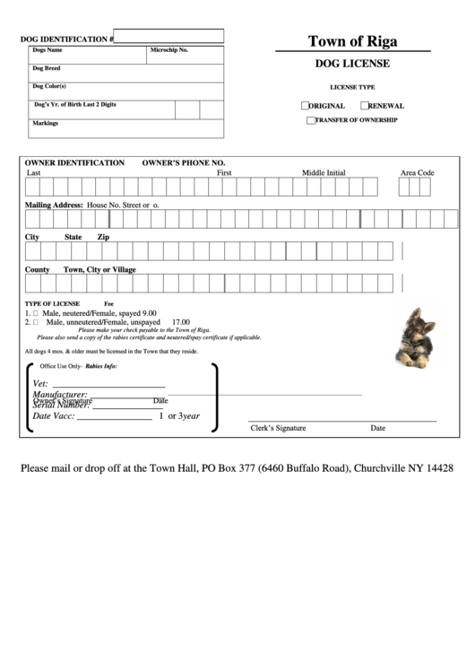 Dog License Form Printable pdf