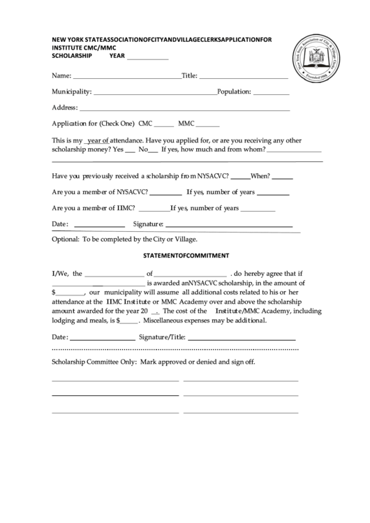 Fillable New York State Association Of City And Village Clerks Application For Institute Cmc/mmc Scholarship Printable pdf