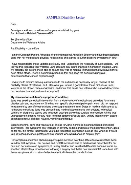 Sample Letter For Mental Health Disability