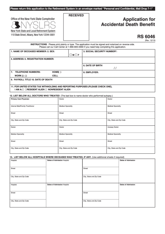 Fillable Form Rs 6046 - Application For Accidental Death Benefit Printable pdf