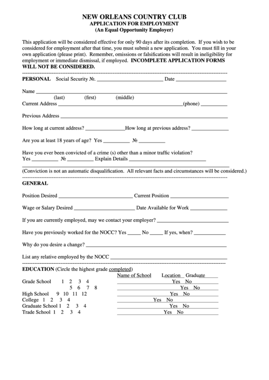 Sample Application For Employment - New Orleans Country Club Printable pdf