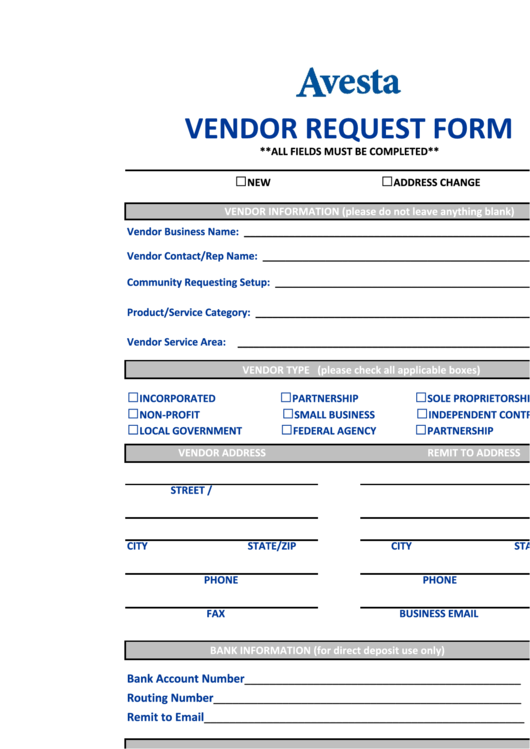 Fillable Vendor Request Form printable pdf download