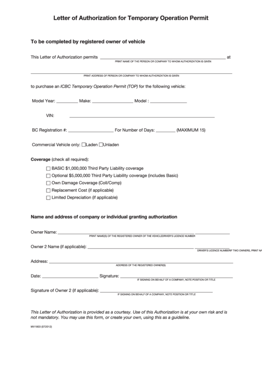Letter Of Authorization For Temporary Operation Permit Printable pdf