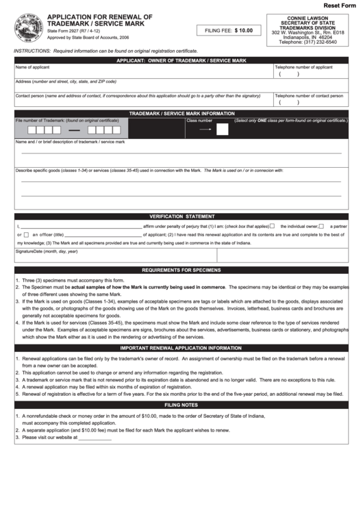 Fillable Form 2927 - Application For Renewal Of Trademark/service Mark Printable pdf