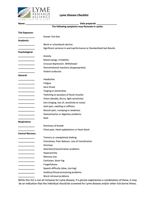 Lyme Disease Checklist Template Printable pdf
