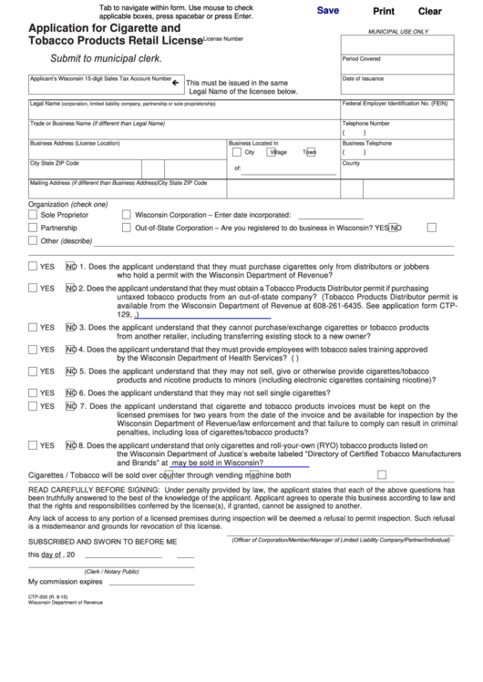 Fillable Ctp-200 - Application For Cigarette And Tobacco Products Retail License - Wisconsin Department Of Revenue Printable pdf