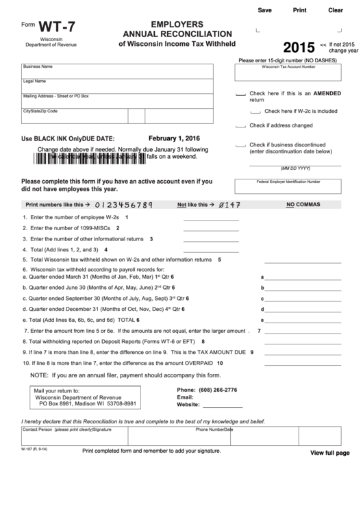 Fillable Form Wt-7 - Employers Annual Reconciliation Printable pdf