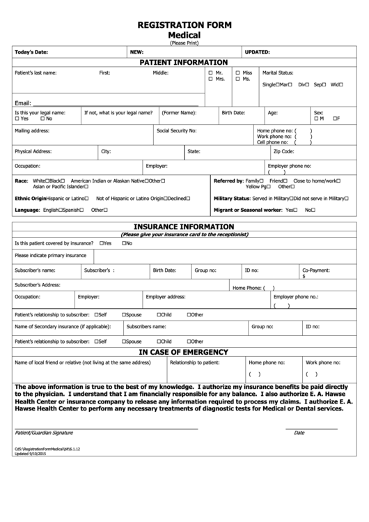 Registration Form (Medical) Printable pdf