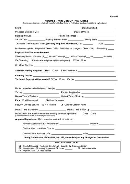 Request For Use Of Facilities Printable pdf