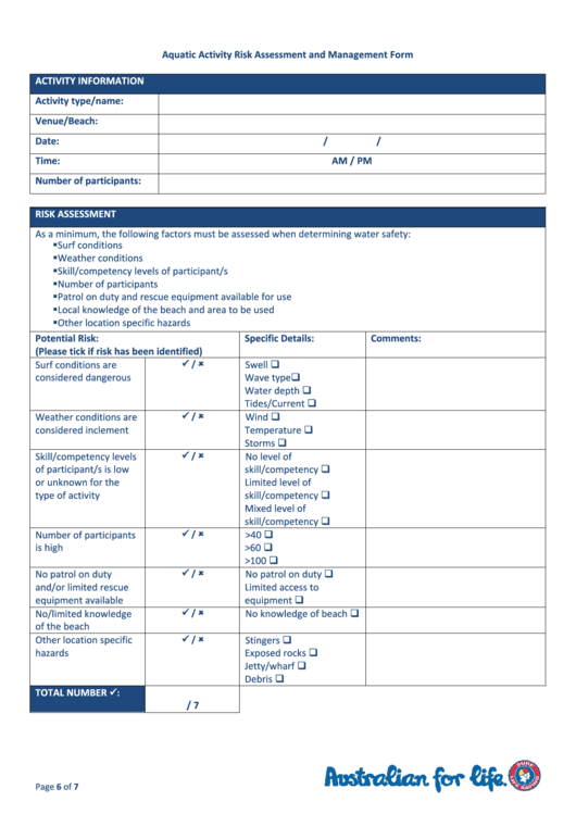 Aquatic Activity Risk Assessment And Management Form Printable pdf