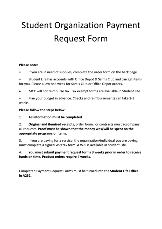 Fillable Student Organization Payment Request Form Printable pdf