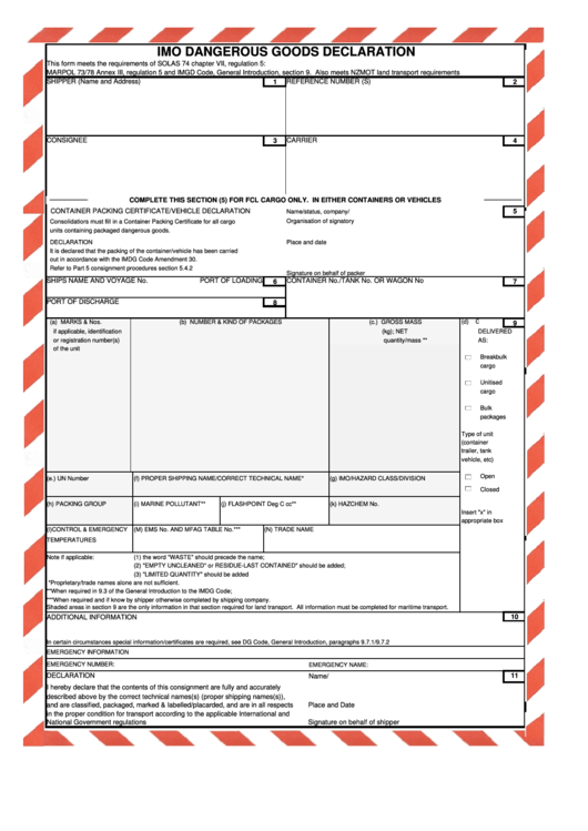 Imo Dangerous Goods Declaration Printable pdf