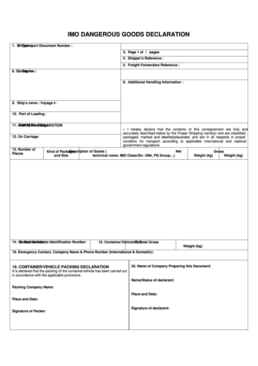 Imo Dangerous Goods Declaration Fillable Form Printable Forms Free Online
