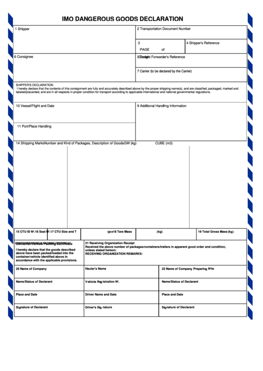Imo Dangerous Goods Declaration Fillable Form Printable Forms Free Online