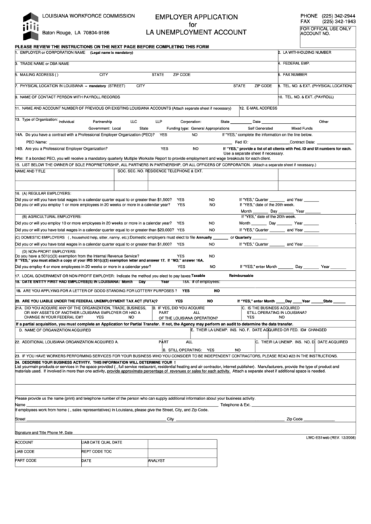 Fillable Form Lwc-Es1 - Employer Application For La Unemployment Account Printable pdf