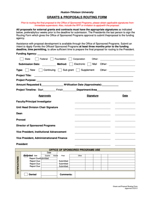 Fillable Grants & Proposals Routing Form Printable pdf