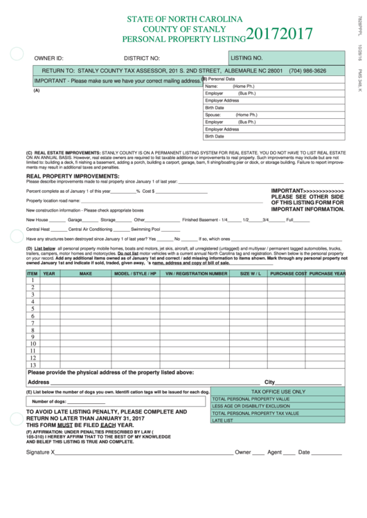 Personal Property Listing Form - 2017 Printable pdf