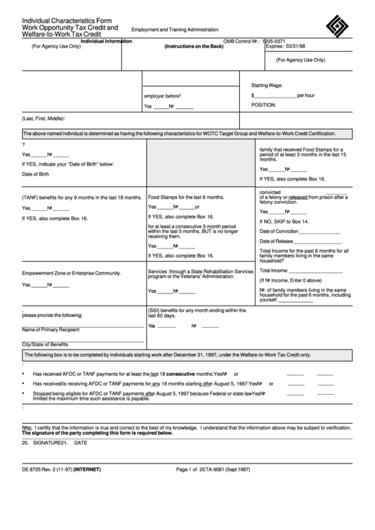 De 8725 Form - Individual Characteristics Form Work Opportunity Tax Credit Printable pdf