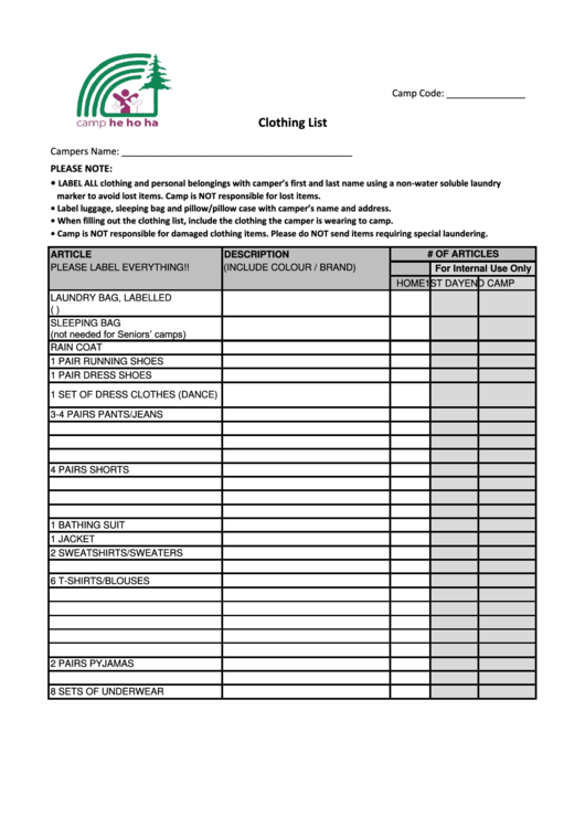 Clothing List - Camp He Ho Ha Printable pdf