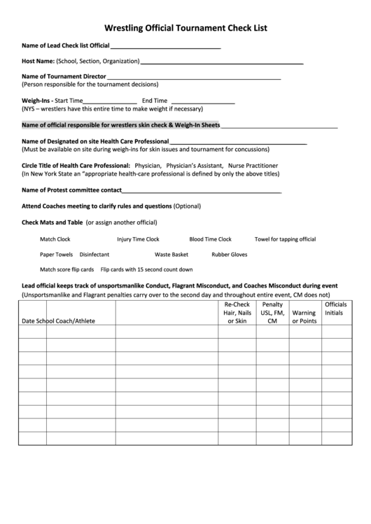 Wrestling Official Tournament Check List Printable pdf