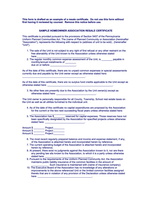 Sample Homeowner Association Resale Certificate Printable pdf