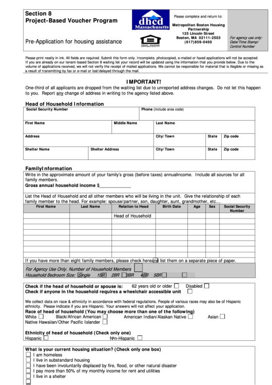 Project-Based Voucher Program - Pre-Application For Housing Assistance Printable pdf