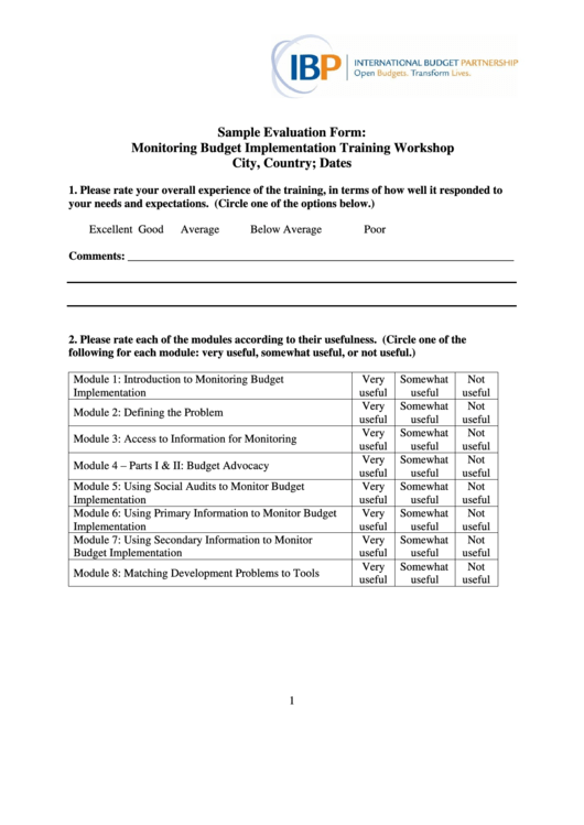Sample Evaluation Form - Monitoring Budget Implementation Training Workshop Printable pdf