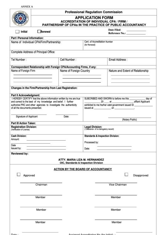 Application Form Accreditation Of Individual Cpa / Firm / Partnership Of Cpas In The Practice Of Public Accountancy Printable pdf