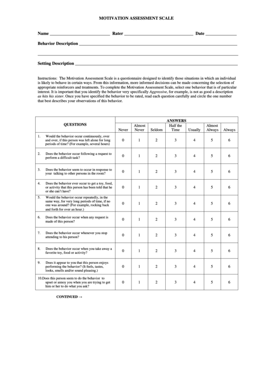 Motivation Assessment Scale Form printable pdf download