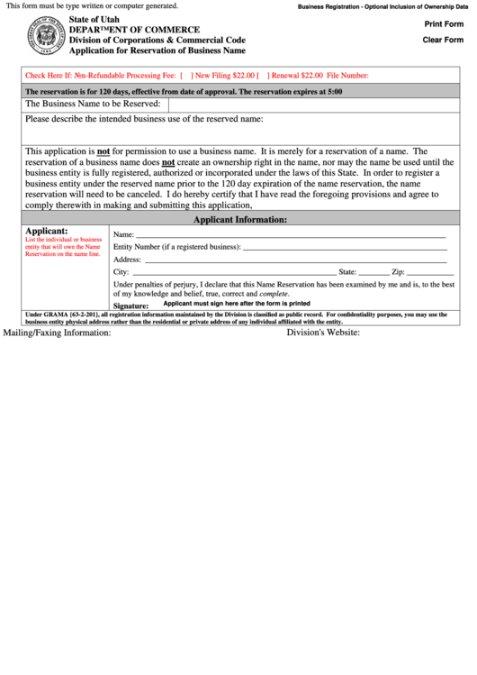 Fillable Application For Reservation Of Business Name Printable pdf