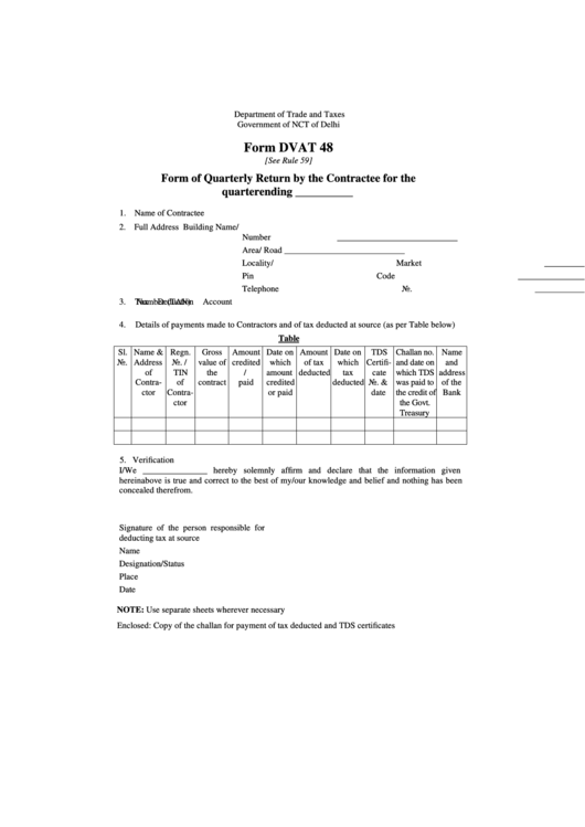 Form Dvat 48 - Form Of Quarterly Return By The Contractee Printable pdf
