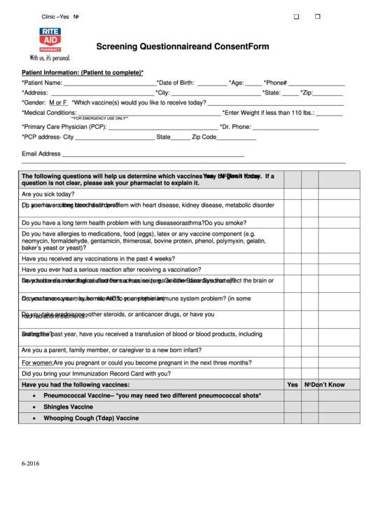 Screening Questionnaire And Consent Form Printable pdf