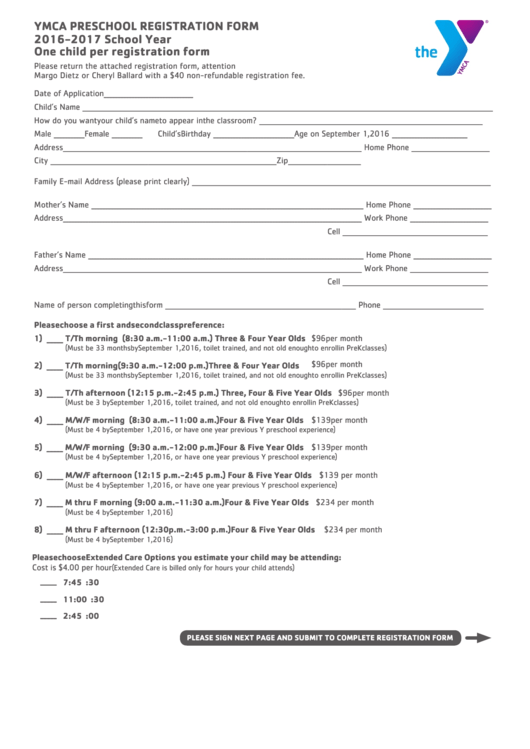 Ymca Preschool Registration Form - 2016-2017 Printable pdf