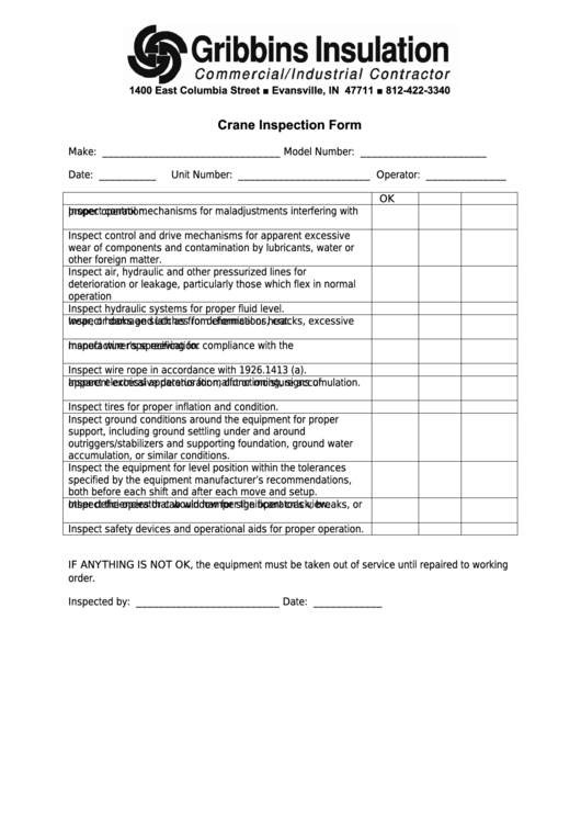 Crane Inspection Checklist Template printable pdf download