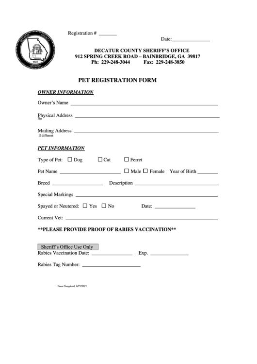 Pet Registration Form Printable pdf