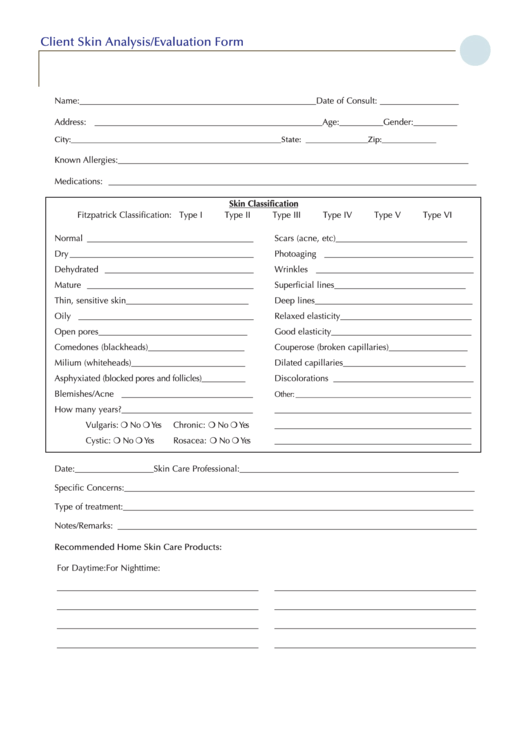 Client Skin Analysis/evaluation Form Printable pdf