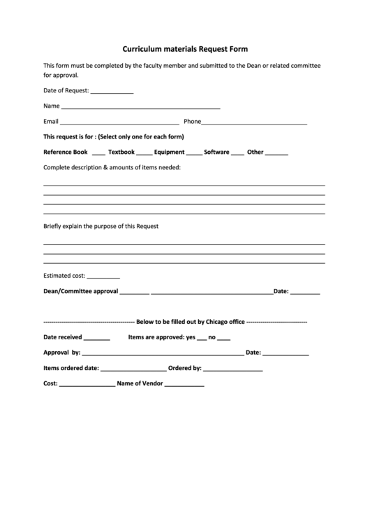 Curriculum Materials Request Form Printable pdf