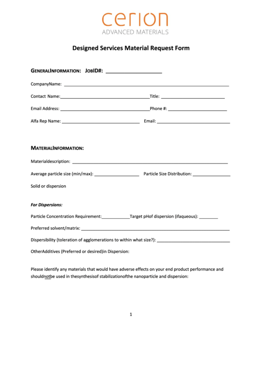 Fillable Designed Services Material Request Form Printable pdf