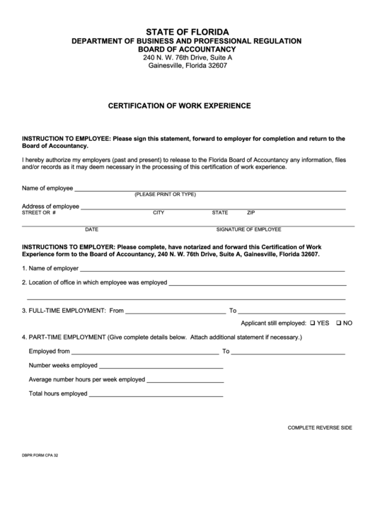 Fillable Dbpr Form Cpa 32 - Certification Of Work Experience Printable pdf