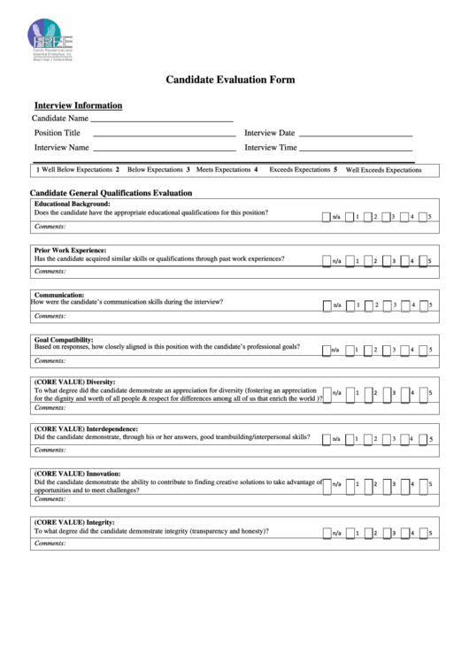 Candidate Evaluation From Template Printable pdf