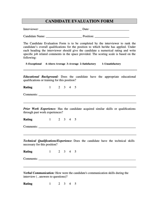 Candidate Evaluation Form Template Printable pdf
