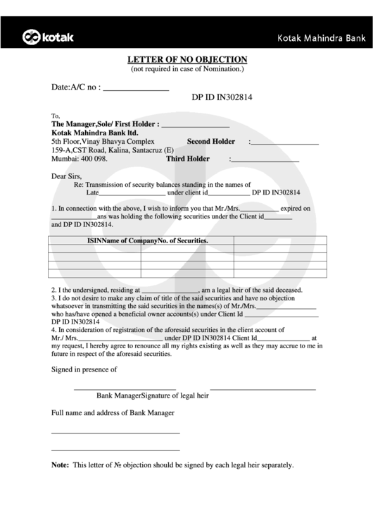 Letter Of No Objection Template printable pdf download
