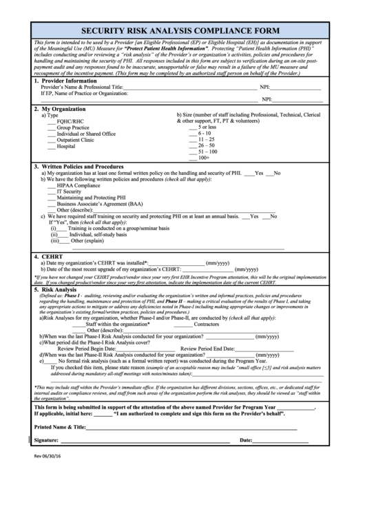 Security Risk Analysis Compliance Form Printable pdf